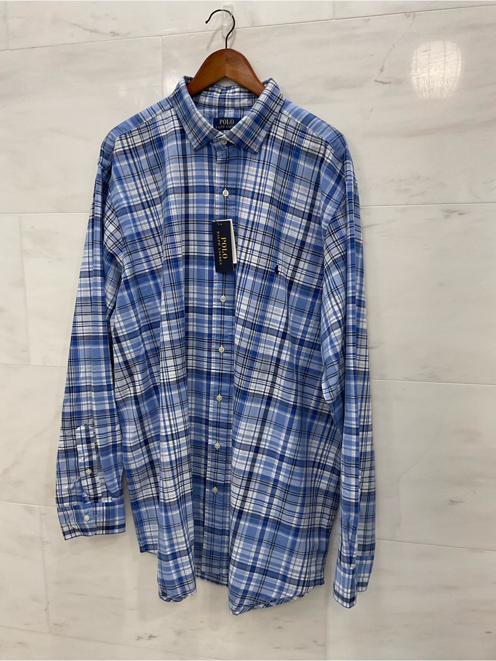 POLO Ralph Lauren Big & Tall BLUE PLAID Oxford Button Front Shirt sz 2XLT T15